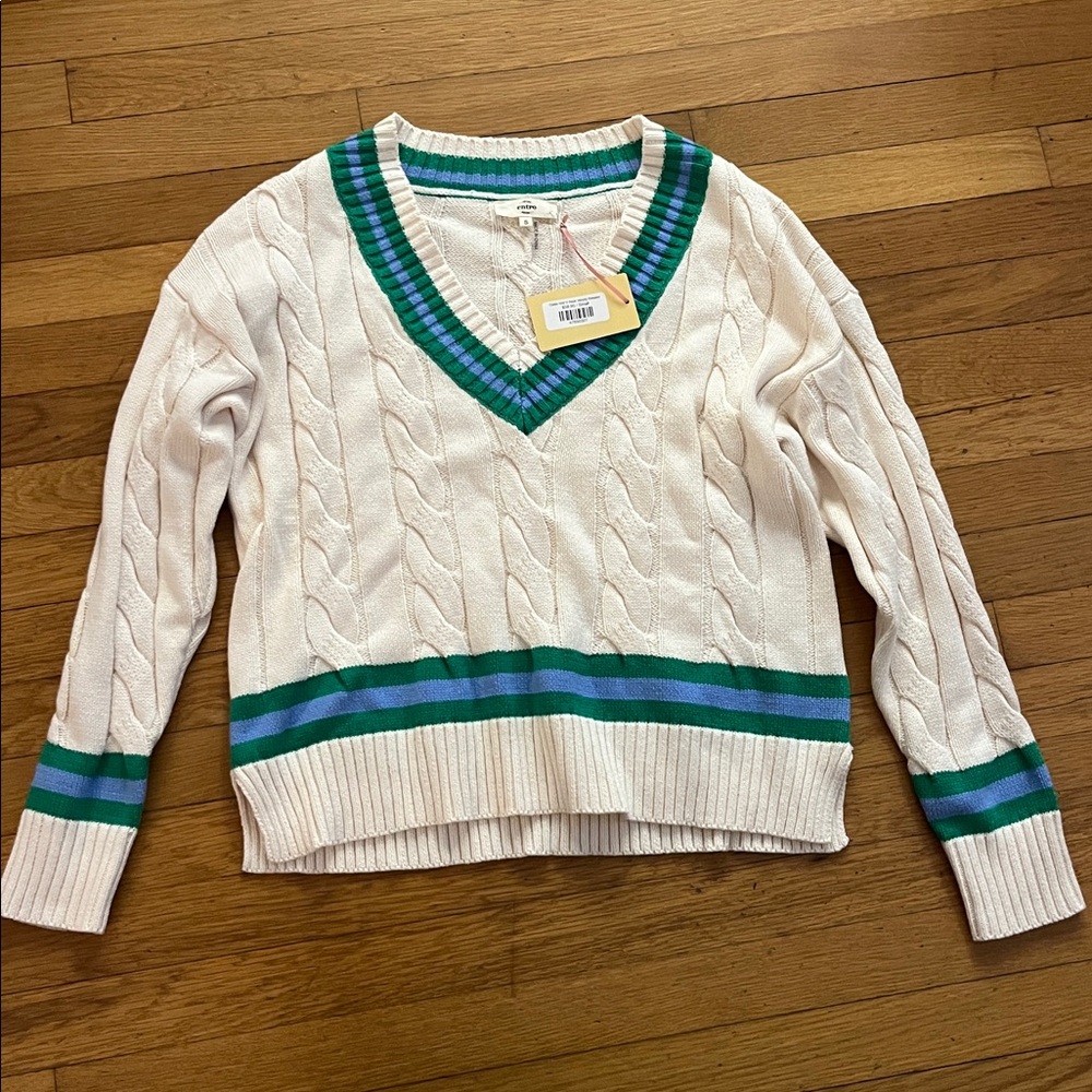 Entro Cable V Neck Varsity Sweater NWT